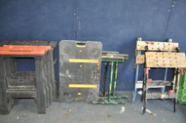 A PAIR OF RECORD ROLLER STANDS, another roller stand, three pairs of plastic saw horses, and two