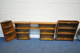 A 20TH CENTURY OAK OPEN BOOKCASE, width 75cm x depth 19cm x height 92cm, two shelving systems that