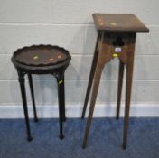 A 20TH CENTURY OAK PLANT STAND, with trefoil designs raised on square tapered legs, 33cm squared x