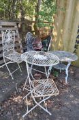 TWO GARDEN TABLES AND THREE CHAIRS, comprising of a cast aluminium table, 78cm in diameter with a