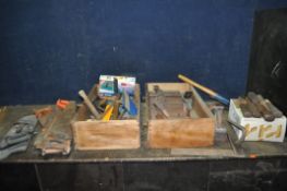 TWO DRAWERS CONTAINING VINTAGE CARPENTRY TOOLS, including sixteen wooden moulding planes, a 17in