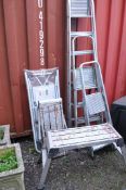 THREE ALUMINIUM STEP LADDERS, two folding work platforms and a set of painting steps (6)