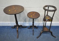 A GEORGIAN OAK WIG STAND, with a circular top, a triangular tier with a small drawer, and a dished