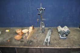 A COLLECTION OF WOODEN BOWLS, A PLANE AND OTHER ORNAMENTS, including a bespoke smoothing plane, four