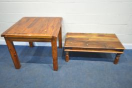 A HARDWOOD TABLE, 89cm squared x height 77cm, a similar coffee table, a hardwood cupboard, a tv