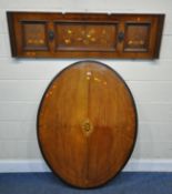 A 19TH CENTURY WALNUT OVAL LOO TABLE TOP, length 132cm x depth 100cm, along with a panel from a