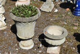 A WEATHERED COMPOSITE TULIP TYPE GARDEN PLANTER, diameter 42cm x height 59cm, along with a small