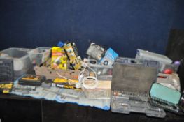 FIVE TRAYS CONTAINING HAND TOOLS AND HARDWARE, including partial sockets sets, clamps, rachet