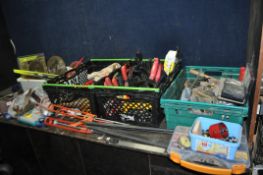 FOUR TRAYS CONTAINING TOOLS, including clamps, saws, LED work lights, a Gem Red 24in digital angle