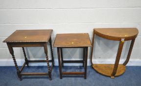 AN ART DECO OAK DEMI-LUNE SIDE TABLE, width 68cm x depth 34cm x height 78cm, an oak barley twist