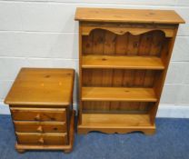 A MODERN PINE THREE DRAWER BEDSIDE CHEST, width 45cm x depth 44cm x height 56cm, along with a