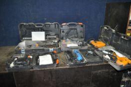 A COLLECTION OF SIX CASED POWER TOOLS, comprising a JCB D-RS1 reciprocating saw, a D-JS jigsaw, a