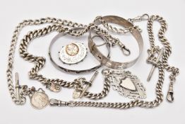 AN ASSORTMENT OF SILVER JEWELLERY, to include three Albert chains, one fitted with a fob medal, a