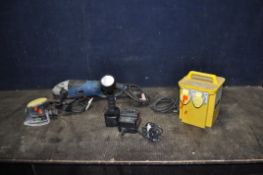 A SELECTION OF POWER TOOLS, including a 110V transformer, a Clarke 9in angle grinder, a McKellar