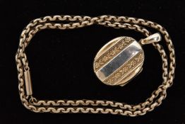 A SILVER LOCKET AND WHITE METAL CHAIN, a small oval locket with embossed flower detail fitted with a