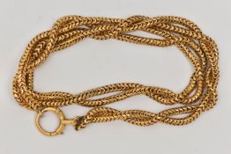A YELLOW METAL CHAIN NECKLACE, two yellow metal snake chains intwined, fitted with a large spring