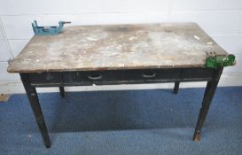 A PARTIALLY PAINTED PINE WORKBENCH, with a single frieze drawer, raised on square tapered legs,