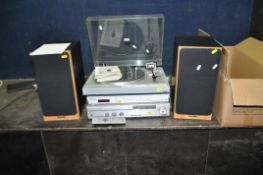 A PAIR OF TANNOY MERCURY Mk2 CHERRY HI FI SPEAKERS, a Hitachi HT-40S, a Hitachi HA-3700 amplifier (