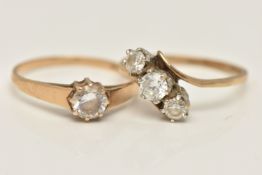 TWO 9CT GOLD CUBIC ZIRCONIA SET RINGS, the first set with a single circular cubic zirconia, polished