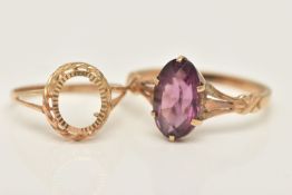 TWO RINGS, the first a 9ct gold ring, with an oval mount missing stone, bifurcated shoulders,