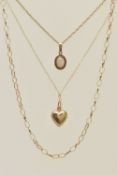 TWO GOLD AND ONE YELLOW METAL NECKLACE, the first a yellow gold fine Spiga chain suspending an
