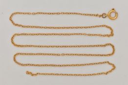 A FINE YELLOW METAL TRACE CHAIN, fitted with a spring clasp stamped 9ct, missing jump ring for clasp