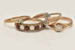 FOUR 9CT GOLD GEM SET RINGS, the first set with garnets and opals (one stone is missing), hallmarked
