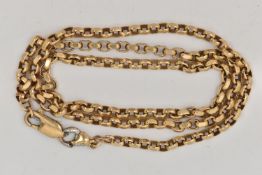 A 9CT GOLD BELCHER CHAIN, fitted with an AF lobster clasp with heavy solder and another yellow metal