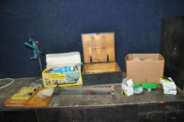 A VINTAGE WOODEN TOOLCHEST, with two trays inside, a jack, a Primus brazing set, a tray containing