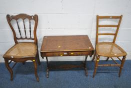 BEVAN FUNNELL, REPRODUX, A WALNUT DROP LEAF SOFA TABLE, with two frieze drawers, on trestle style