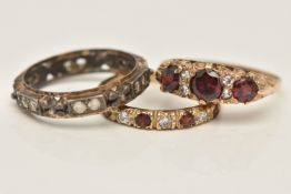 THREE GEM SET RINGS, the first a yellow gold cubic zirconia and garnet band ring, hallmarked 9ct