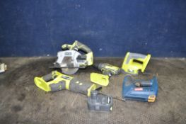 A COLLECTION OF RYOBI ONE+ POWER TOOLS, comprising of a circular saw, a reciprocating saw, a