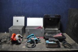 THREE MAKITA POWER TOOLS, comprising a 9911 belt sander in a DeWalt case, a 1923H planer in metal