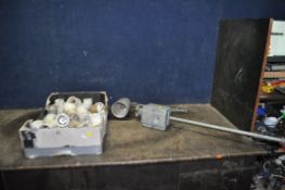 A VINTAGE IGRANIC HI-VO-LITE ARTICULATED WORKSHOP LAMP, with control box and stem, along with a tray