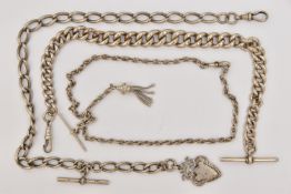 TWO SILVER ALBERT CHAINS AND A NECKLACE, the first an oval link Albert chain fitted with a T-bar,