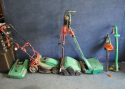 A SELECTION OF LAWN AND GARDEN CARE TOOLS, including a Qualcast lawn mower with collection box, a