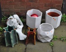 NINE GARDEN POTS AND ORNAMENTS, including a modern art sculpture, three plant pots, two glazed