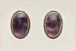 A PAIR OF BLUE JOHN EARRINGS, oval white metal and blue john stud earrings, approximate length 15mm,