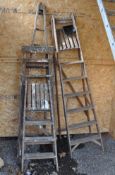 A COLLECTION OF FOUR VINTAGE WOODEN STEP LADDERS, including a triangular decorators ladder, etc (4)