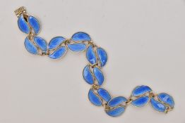 A NORWEIGIAN 'DAVID ANDERSEN' BRACELET, a white metal double row leaf bracelet with blue guilloche