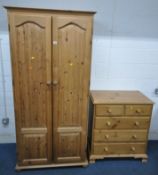 A MODERN PINE DOUBLE DOOR WARDROBE, width 92cm x depth 53cm x height 189cm, along with a chest of