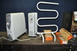 TWO De'Longhi OIL FILLED RADIATORS, a heated towel rail, and two bathroom shelving items (all PAT