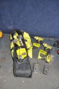 A RYOBI TOOL BAG CONTAINING RYOBI ONE+ POWER TOOLS, including three drills, a circular saw, a
