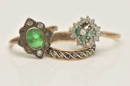 THREE RINGS, to include an AF marcasite band (stones missing), stamped 9ct & Plat, ring size leading