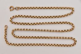 A YELLOW METAL BELCHER CHAIN, fitted with a spring clasp, approximate length 580mm, unmarked,