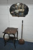 AN ART DECO STYLE SHELL SHAPED WALL MIRROR, 75cm x 51cm, a mahogany two tier occasional table, and a