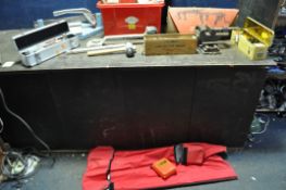 A COLLECTION OF HAND TOOLS, including a Cowley Automatic level in bag with stands and sighting pole,