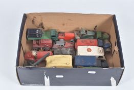 A QUANTITY OF UNBOXED PLAYWORN TRI-ANG MINIC TINPLATE CLOCKWORK & OTHER TINPLATE AND DIECAST