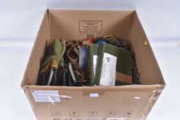 LARGE BOX CONTAINING VARIOUS MILITARY KIT AS FOLLOWS, Black leather boots for use with skis,