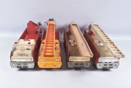 FOUR TONKA TOYS AERIAL LADDER FIRE TRUCKS, two with extension ladders, one extends ok, other not